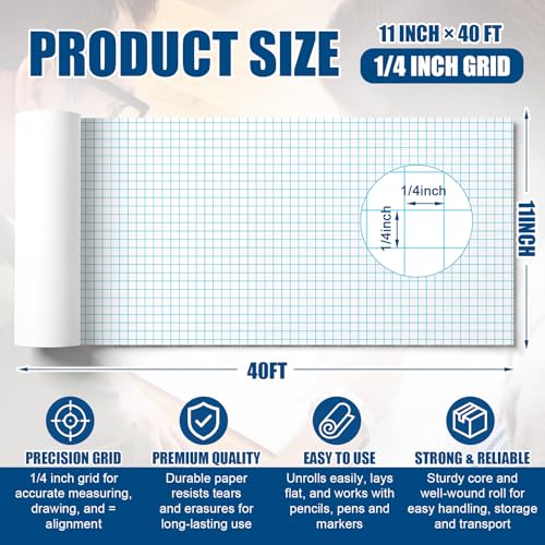 Jetec 1 Roll Large Grid Graph Paper Roll 1/4'' Grid 11 Inch x 40ft Engineering Drafting Paper for Blueprint School Classroom Graphing Supplies Engineer Architect Designer Mathematician Gifts - color: 1/4'' Grid, size: 11 Inch X 39ft