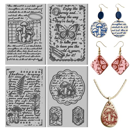 4 Sheets Retro Text Pattern Polymer Clay Texture Sheet Mushrooms and Butterfly Patterns Rubber Texture Mat for Polymer Clay Making Earrings Jewelry DIY Crafts 4 × 2.5 Inch - style: Retro Text Pattern