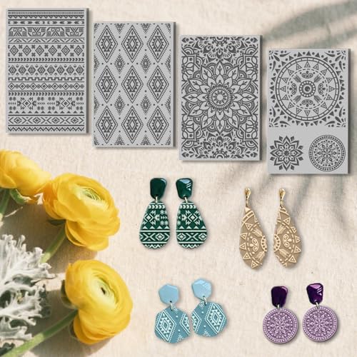 4 Sheets Bohemian Pattern Clay Texture Mat Mandala Polymer Clay Texture Sheets DIY Tools for Pottery Earring Jewelry Making Stamp Engraving Machines, 3.9x2.6inch - style: Bohemian Pattern