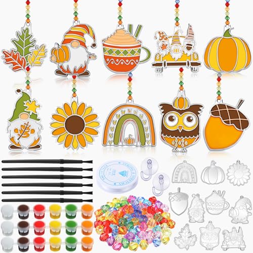 WinnerWhy 30 Sets Autumn Suncatchers Window Art Kits, DIY Sun Catchers Bulk Crafts Paint Your Own Window Ornaments for Party Birthday Activity Home Decor - style: Autumn Style