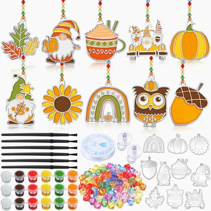 WinnerWhy 30 Sets Autumn Suncatchers Window Art Kits, DIY Sun Catchers Bulk Crafts Paint Your Own Window Ornaments for Party Birthday Activity Home Decor - style: Autumn Style