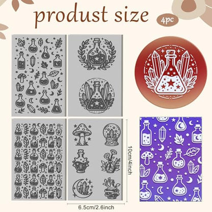 4 Sheets Magic Potions Pattern Clay Texture Mat Mystical Crystals Polymer Clay Texture Sheets DIY Tools for Pottery Earring Jewelry Making Stamp Engraving Machines, 3.9x2.6inch - style: Magic Potions Pattern