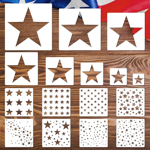 JarThenaAMCS 16Pcs Star Shape Stencils Patriotic Star Templates Stencils Reusable Plastic Drawing Painting Template for 250th Anniversary 4th of July Independence Day DIY Art Craft Painting on Wood - style: Star