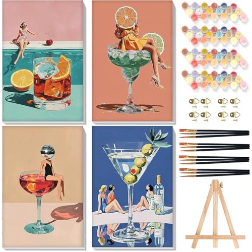 4 Pack Paint by Numbers for Adults with Framed Canvas - with Wooden Easel, Cocktail Paint by Number for Beginners, Easy Acrylic Oil Painting on Canvas with Brushes for Home Wall Decor (8x12 inch) - color: BKH2389+BKH2390+BKH2391+BKH2392