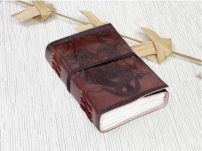 AzureGreen DOUBLE DRAGON Blank Page BOOK Handcrafted Leather Writing Unlined 5 x 7 JOURNAL (Brown) - color: Brown Leather