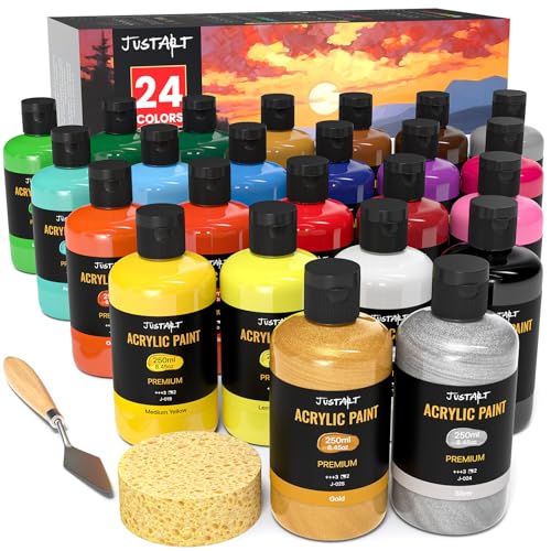 JusArt 24 Colors Acrylic Paint Set, Including Gold and Silver, 8.45oz(250ml) Large Bottles Adult Artist Paints for Canvas, Crafts, Mural, Rocks, Clay, Fabric, Wood - color: 24 color (8.45oz)