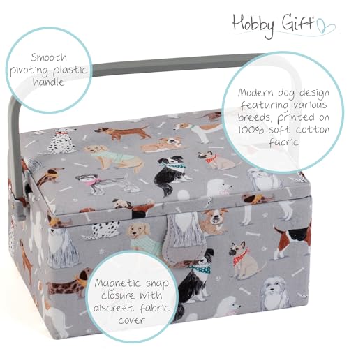 Hobby Gift Medium Sewing Box Organiser, Fabric Covered Storage Box with Handle, Internal Tray, Pin Cushion and Pocket for Sewing, Quilting and Knitting Supplies - color: Grey Dogs