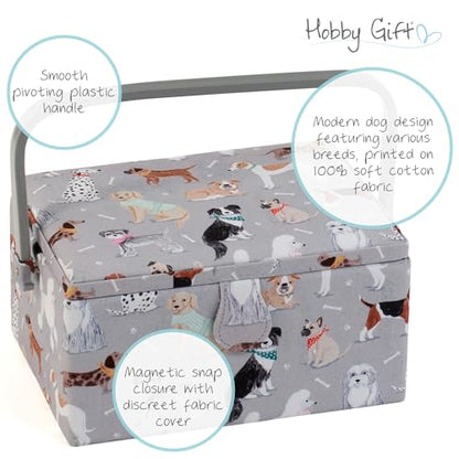 Hobby Gift Medium Sewing Box Organiser, Fabric Covered Storage Box with Handle, Internal Tray, Pin Cushion and Pocket for Sewing, Quilting and Knitting Supplies - color: Grey Dogs
