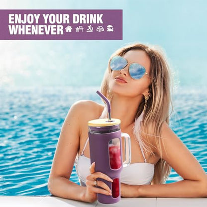 Glass Tumbler with Lid and Straw, 46 oz Iced Coffee Cup with Handle, Glass Water Bottles with Silicone Sleeve, BPA Free-Dark Purple - color: Dark Purple, size: 46 Ounces