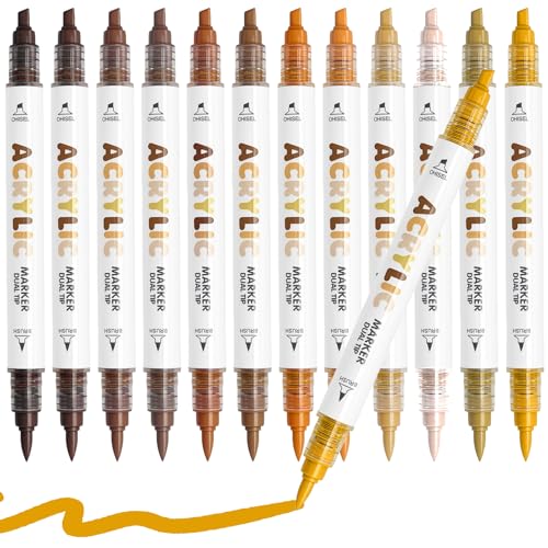 Brown Acrylic Paint Pens, Water Based 12 Colors Dual Tip Acrylic Paint Markers for Rock Painting Wood, Glass, Ceramic, Canvas, Fabric, Stone, DIY Crafts Making Art Supplies - color: Brown Series