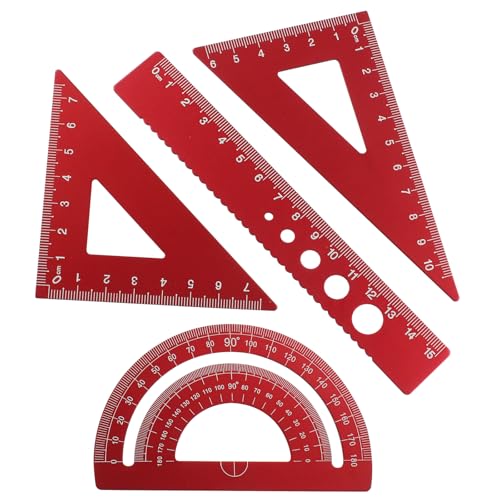 4 Pcs Triangular Ruler Set, Aluminum Alloy Geometry Tools, Metal Drafting Ruler for Students, Draftsmen, Engineers, School Office Supplies with Protractor & Metric Scales (Red) - color: Red