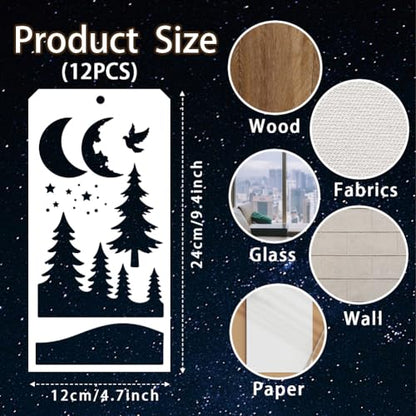 12 Sheets Overlay Forest Moon Stencils for Painting, 12 Styles Layered Moon Designs Drawing Templates Reusable Art Stencil for Painting on Wall Wood Home Decor - style: Forest Moon