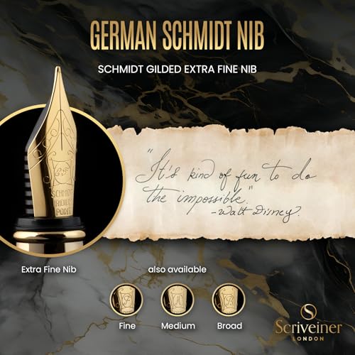 Scriveiner Luxury Fountain Pen - Stunning Black Lacquer Pen, Real Gold Finish, Schmidt Gilded Nib (Extra Fine), Converter, Best Pen Gift Set for Men & Women, Professional, Executive, Office, Nice Pens - color: 1. Black with Gold, style: Extra Fine Nib