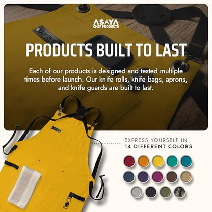 Asaya Chef and BBQ Apron with Bottle Opener and Hand Towel - 10oz Cotton Canvas, Stainless Steel Hardware - Cross Back Straps - color: Yellow
