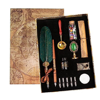 Joyeee Quill Pen Ink Set, Include Feather Pen Ink Bottles, Calligraphy Dip Pen Nibs, Wax Stamp, Sealing Wax Spoon, Writing Paper, Pen Holder Stand, Gift Box, Christmas Gift for Men & Women - color: #97 Green feather pen set