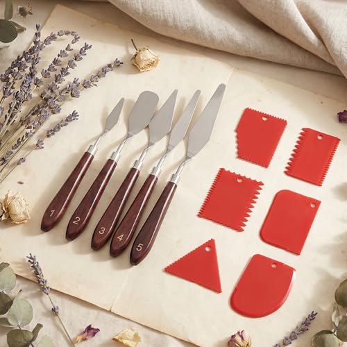 Palette Knife Set, 5pcs Stainless Steel Palette Knives with 6 Plastic Scrapers Small Offset Spatula for Oil, Canvas, Acrylic Painting & Cake Decorating