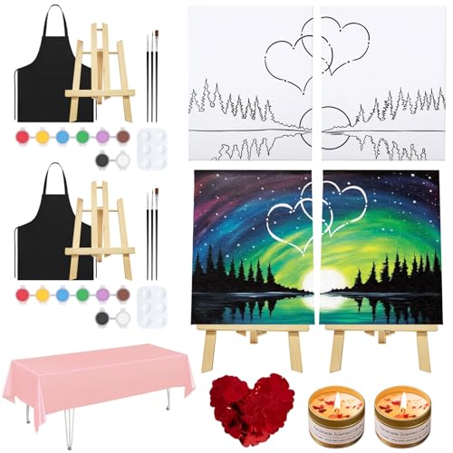 VOCHIC Sip and Paint Kit for Adult,2 Pack Pre Drawn Canvas Couple Painting Kit Date Night Couples Paint Art Set with Outline Canvas Polar Night Sky Valentine (8 x 10 Inches) - style: Polar night sky