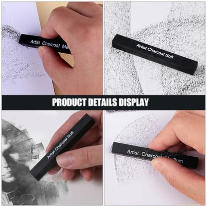 DOITOOL 6pcs Soft and Medium Hard Compressed Charcoal Sticks for Sketching and Shading, Carbon Drawing Rods for Artists and Art Students, Square Drawing Media for Painting and Hobby Use