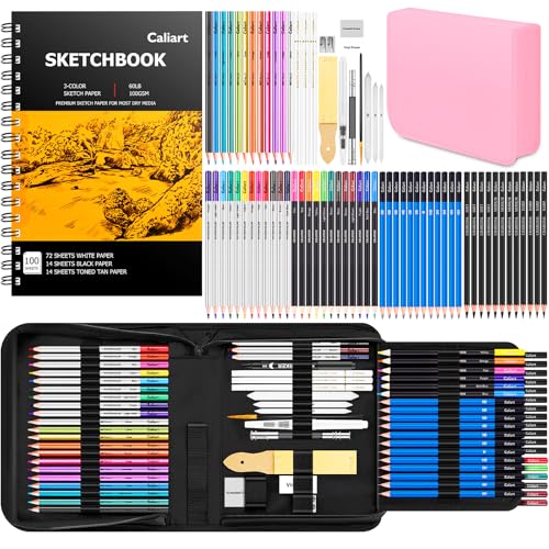 Caliart 176PCS Art Supplies Sketching Kit, 100 Sheets 3-Color Sketch Book | Graphite Colored Charcoal Watercolor & Metallic Pencils, Drawing Supplies Set Gifts for Artists Adults Beginners - color: Pink
