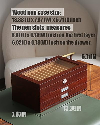 Pen Display Case with 36 Pen Slots, Fountain Pen Case, Wood Pen Storage Organizer, Pen Box Display for Men Gift, Pen Display Box with Glass Window(Brown ash Veneer Finish, Camel Velvet) - color: Brown 36 Slots, Camel Velvet