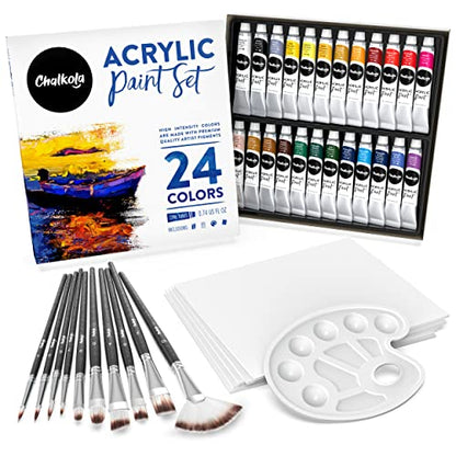 Chalkola 40 Acrylic Paint Set for Adults with 24 Acrylic Paints kit (22ml), 10 Painting Brushes, 5 Canvas for Painting (8x10) & 1 Palette