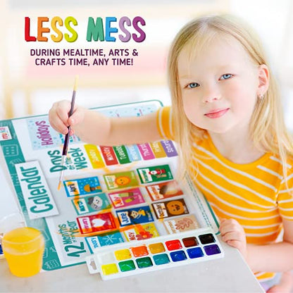 Merka Kids Placemat for Dining Table - 4 Pack 17 x 11 in Multicolor - Teaching Time, Money & Kids Calendar - Four Seasons Scenes - Silicone Reusable & Wipeable - style: Time, Money, Calendar, Seasons