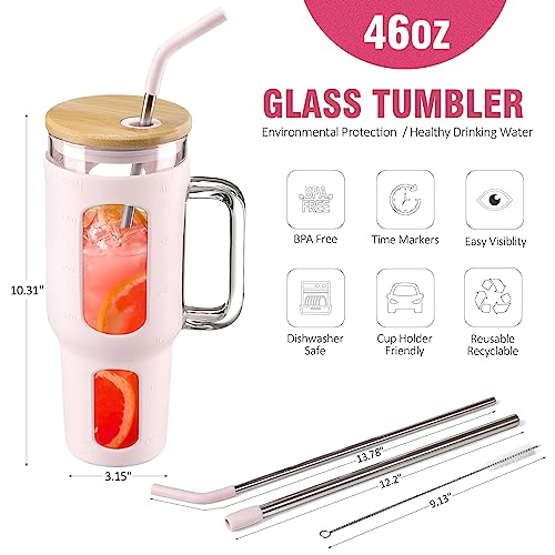 WINSA Glass Tumbler with Lid and Straw, 46 oz Iced Coffee Cup with Handle, Large Water Bottles with Silicone Sleeve, Glass Cup with Straws - Pearl Straw & Drinking Straw BPA Free-CottonPink - color: CottonPink, size: 46 Ounces