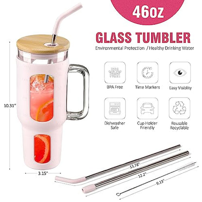 WINSA Glass Tumbler with Lid and Straw, 46 oz Iced Coffee Cup with Handle, Large Water Bottles with Silicone Sleeve, Glass Cup with Straws - Pearl Straw & Drinking Straw BPA Free-CottonPink - color: CottonPink, size: 46 Ounces