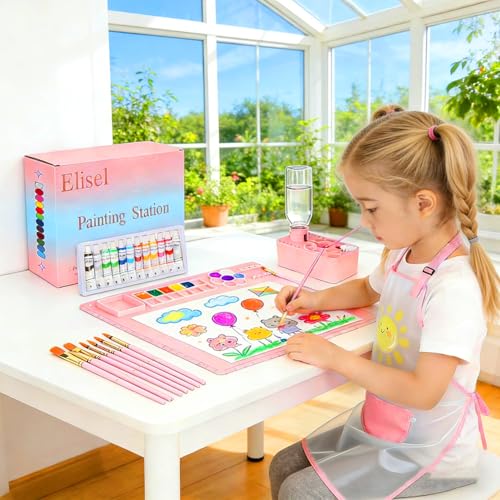 Elisel Painting Station,5 IN 1 Art Paint Supplies Kits,Paint Brush Cleaner (Upgraded),Silicone Painting Mat 12 Colors Paint Set,10 Paint Brushes,Painting Apron for Kids Artist Beginners (Pink, 5) - color: Pink