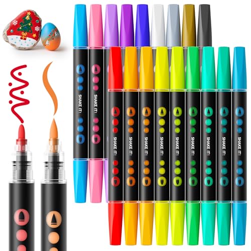 SUNEE 18 Colors Acrylic Paint Markers, Dual Tip Bullet & Brush Paint Pens with Automatic Ink Control System, Art Supplies for Adults & Teens, for Rock, Wood, Canvas, Glass Creative Projects - color: 18 colors bullet&brush tips