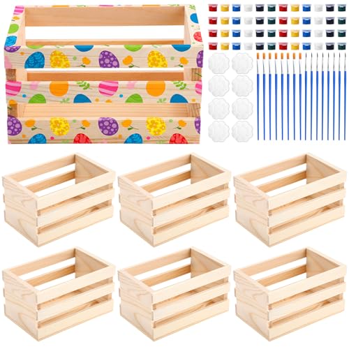 BrightRow 8 Pcs 5'' Small Wooden Crates for Crafts with Painting Sets Mini Unfinished Bikini Crates Rustic Decorative Wood Storage Boxes for DIY Display Home Decor(Wooden) - color: Wooden