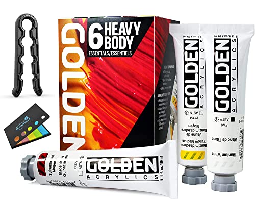 Golden Artist Color Heavy Body Acrylics, 6-Color Essentials Set, Professional Acrylic Paint Set, Set of 6 Tubes, 2 Fl. Oz. Each, with Golden Artist Tube Cap Opener Tool and Sticky Notes - style: 6 Color Essentials Set with Cap Remover Tool