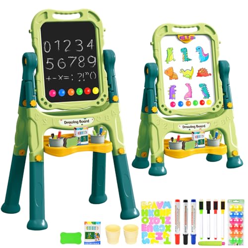 Kids Art Easel, Adjustable Drawing White Board & Chalk Board, Toddler Double Sided Easel with Painting Accessories, Birthday Gift for Girls Boy Age 3 4 5 (Green) - color: Green