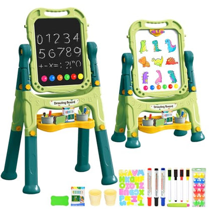 Kids Art Easel, Adjustable Drawing White Board & Chalk Board, Toddler Double Sided Easel with Painting Accessories, Birthday Gift for Girls Boy Age 3 4 5 (Green) - color: Green