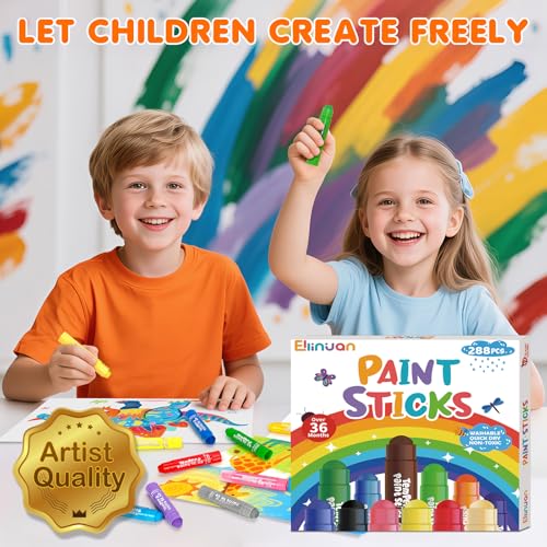 Ellinjan 288 Pcs Tempera Paint Sticks for Kids, 12 Classic Colors, Washable & Quick-Drying Twistable Solid Paint Sticks, Bulk Art Supplies for Drawing & Painting, Classroom School Supplies