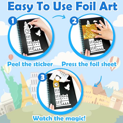 FUNNYB&G Foil Art Craft Kit for Kids 4-10 Years Old: Mess-Free & No-Glue, Create 16 Sparkly Famous Building Pictures – Perfect Travel Toy & Birthday Gift for Kids (Buildings) - style: Building