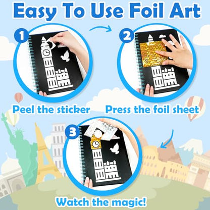FUNNYB&G Foil Art Craft Kit for Kids 4-10 Years Old: Mess-Free & No-Glue, Create 16 Sparkly Famous Building Pictures – Perfect Travel Toy & Birthday Gift for Kids (Buildings) - style: Building