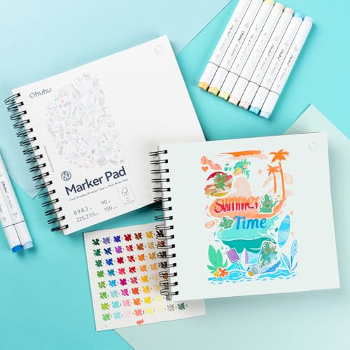 Ohuhu Double-Sided Marker Pad Art Sketchbook Bleedproof - 8.3"x8.3" Square Paper Size - 90 LB/150 GSM Smooth Drawing Paper - 60 Sheets/120 Pages, Spiral Bound Sketching Book for Alcohol Markers - size: 8.3" x 8.3"