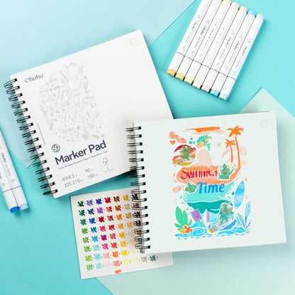 Ohuhu Double-Sided Marker Pad Art Sketchbook Bleedproof - 8.3"x8.3" Square Paper Size - 90 LB/150 GSM Smooth Drawing Paper - 60 Sheets/120 Pages, Spiral Bound Sketching Book for Alcohol Markers - size: 8.3" x 8.3"