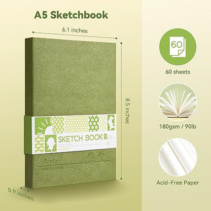 Arrtx Premium Hardcover Sketch Book, 60 Sheets/120 Pages, 180 GSM Thick Acid-Free Drawing Paper, Hardbound Sketch Pad with Inner Pocket, Green 8.5"x6.1" Sketchbook - size: A5