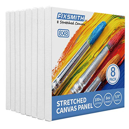FIXSMITH Stretched White Blank Canvas- 8x8 Inch,8 Pack,Primed,100% Cotton,5/8 Inch Profile of Super Value Pack for Acrylics,Oils & Other Painting Media. - size: 8"x8"-8Pack