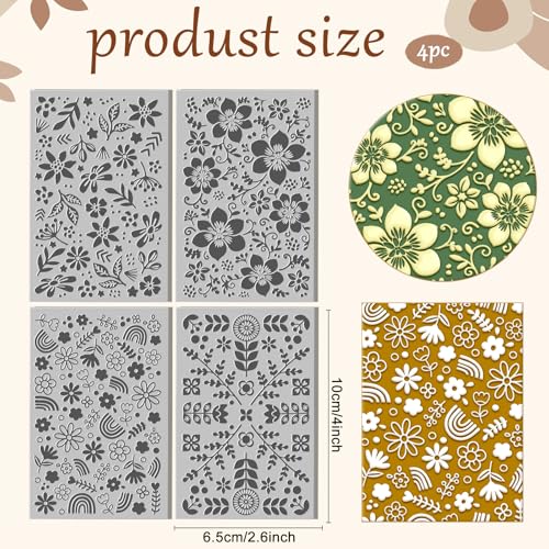 4 Sheets Bohemian Flower Clay Texture Mat Rainbow Polymer Clay Texture Sheets DIY Tools for Pottery Earring Jewelry Making Stamp Engraving Machines, 3.9x2.6inch - style: Rainbow