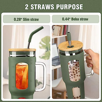 WINSA Glass Tumbler with Lid and Straw, 46 oz Iced Coffee Cup with Handle, Large Water Bottles with Silicone Sleeve, Glass Cup with Straws - Pearl Straw & Drinking Straw BPA Free-Olive - color: Olive, size: 46 Ounces