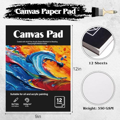12 Sheets Canvas Paper Pad 9”x12”, 350 GSM Canvas Sheets Glue Bound Canvas Sketchbook for Adults and Students - Acrylic Painting, Oil Painting - size: 9”x12”