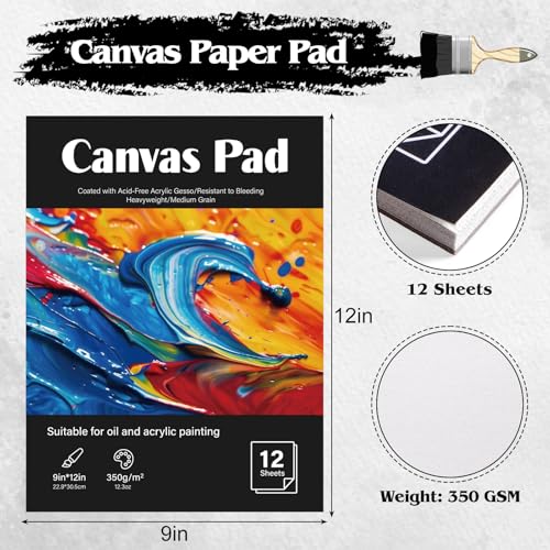 12 Sheets Canvas Paper Pad 9”x12”, 350 GSM Canvas Sheets Glue Bound Canvas Sketchbook for Adults and Students - Acrylic Painting, Oil Painting - size: 9”x12”