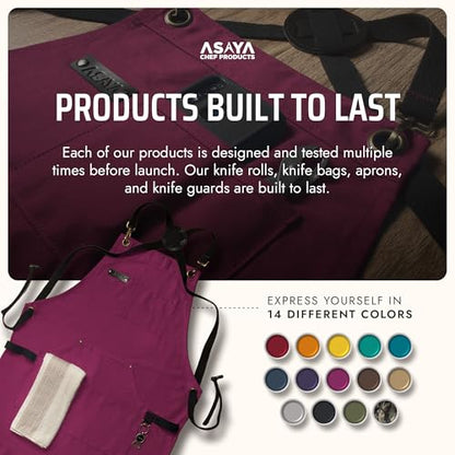 Asaya Chef and BBQ Apron with Bottle Opener and Hand Towel - 10oz Cotton Canvas, Stainless Steel Hardware - Cross Back Straps - color: Burgundy