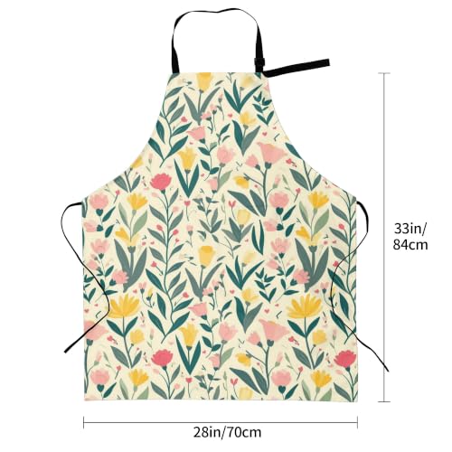 Cream Pastel Wildflower Art Waterproof Apron with Pockets | Garden Aprons for Men Women Adjustable Bib Apron for Cooking Kitchen Baking BBQ Painting Housework Oil Resistant - color: Cream Pastel Wildflower Art