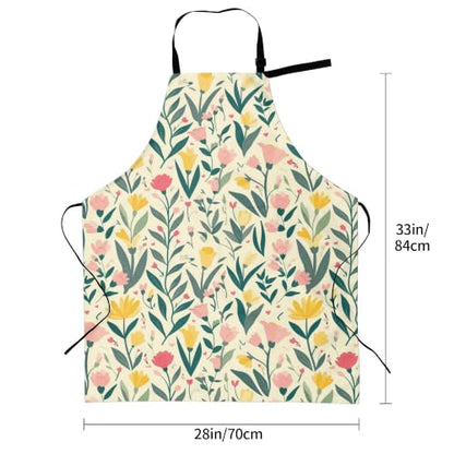Cream Pastel Wildflower Art Waterproof Apron with Pockets | Garden Aprons for Men Women Adjustable Bib Apron for Cooking Kitchen Baking BBQ Painting Housework Oil Resistant - color: Cream Pastel Wildflower Art