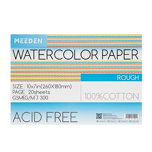 MEEDEN Watercolor Paper Block, 100% Cotton Watercolor Paper Pad of 20 Sheets, 140lb/300gsm, Acid-Free Art Paper for Watercolor, Gouache, Ink and More, 10" x 7" Rough Grain - color: Rough Grain, size: 10×7"
