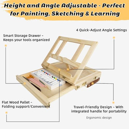 Portable Tabletop Easel Set 24-Piece Acrylic Paints Brushes Canvases | Non-toxic 12 acrylic paints, brushes, canvases & boards, travel-friendly wooden art kit for beginners - size: art easel box-24pk